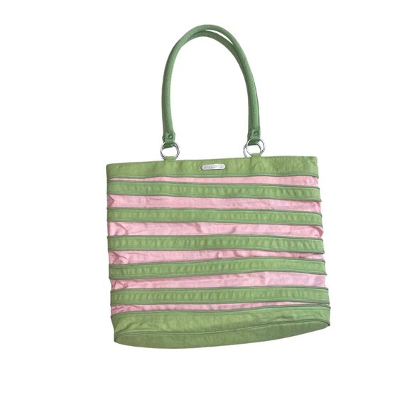 baggallini Zip Around TOTE Double Strap Travel Beach Bag Green Pink Nylon Expand - Picture 1 of 16
